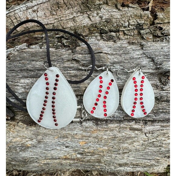 Cute Baseball Epoxy And Rhinestone Necklace  With Matching Earrings Jewelry Set - Picture 4 of 9